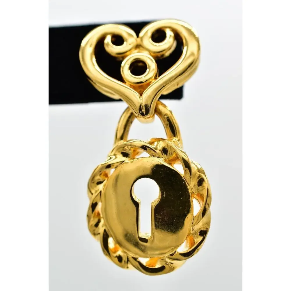 Givenchy Vintage Heart Lock Earrings Gold Tone Dangle Chunky Signed 1980s BinBK